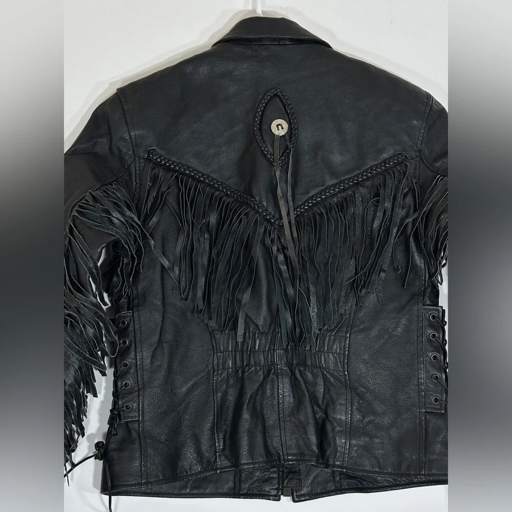 Fringed Black Leather Motorcycle Jacket Vintage Biker Women Medium 1990s Western - Picture 2 of 15